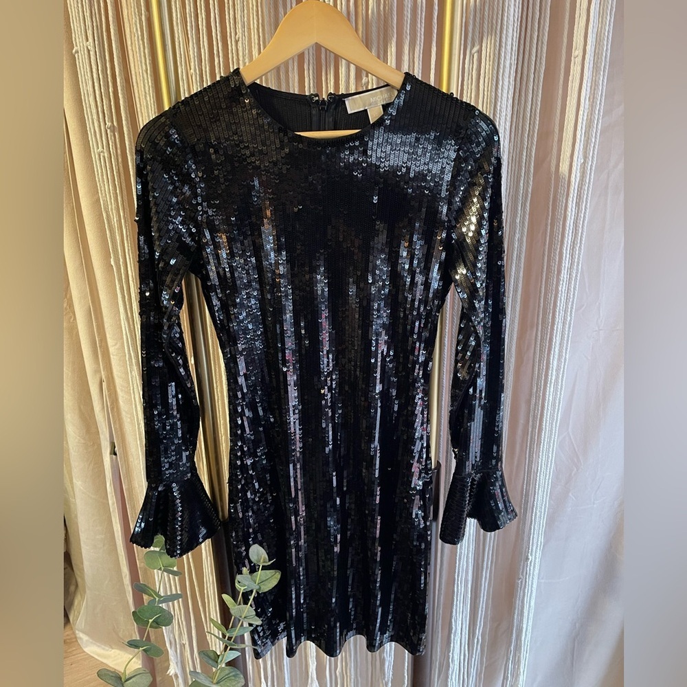 Michael Kors Black Sequin Long Sleeve Ruffle Cuff Dress